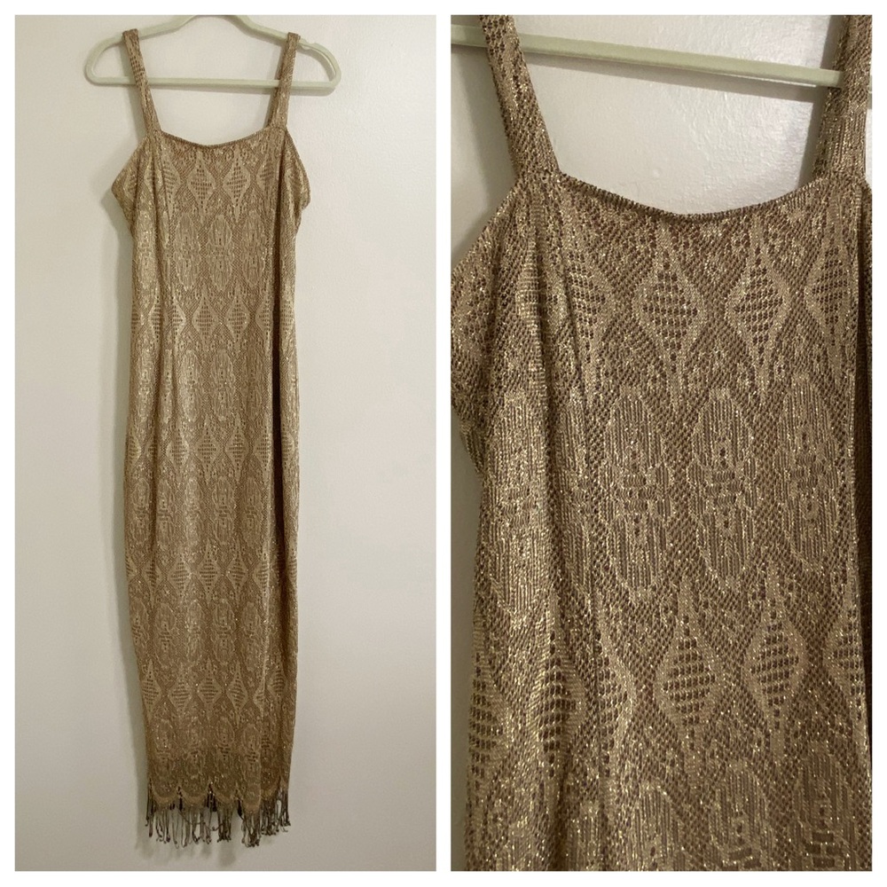 Vintage Onyx Nite Gold Shimmery Crochet Maxi Dress with Fringe Size 12